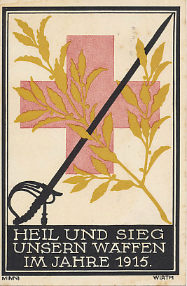 Prosperity and victory in 1915: an official New Year's postcard of the Bavarian Red Cross, with a message dated December 31, 1914, postmarked January 1, 1915.
Text:
Heil und Sieg unsern Waffen im Jahre 1915.
MINNI
WIRTM
Reverse:
Offizielle Neujahrs-Postkarte des Bayerischen Roten Kreuzes
Official New Year's Card of the Bavarian Red Cross
message dated December 31, 1914, postmarked January 1, 1915